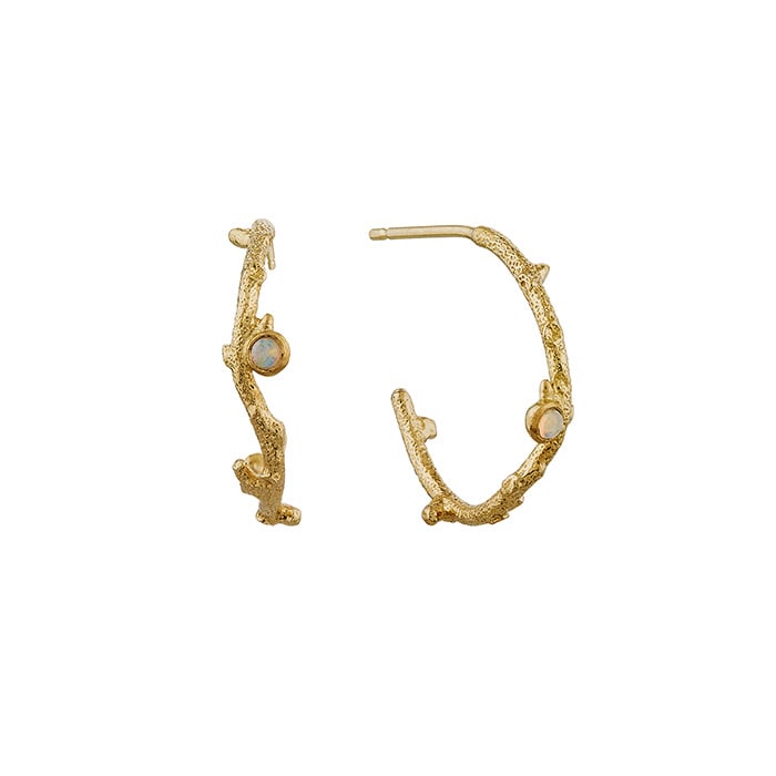 product shot of gold plated Branch Coral Hoop Earrings with Opal by Alex Monroe fine jewellery