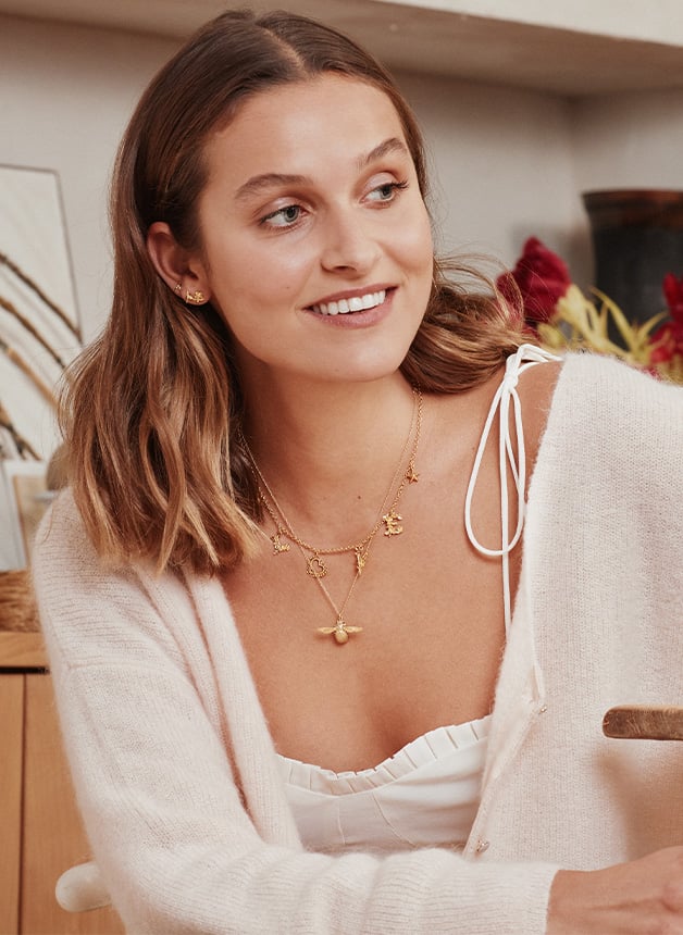 Model wearing Alex Monroe's iconic Bumblebee Necklace